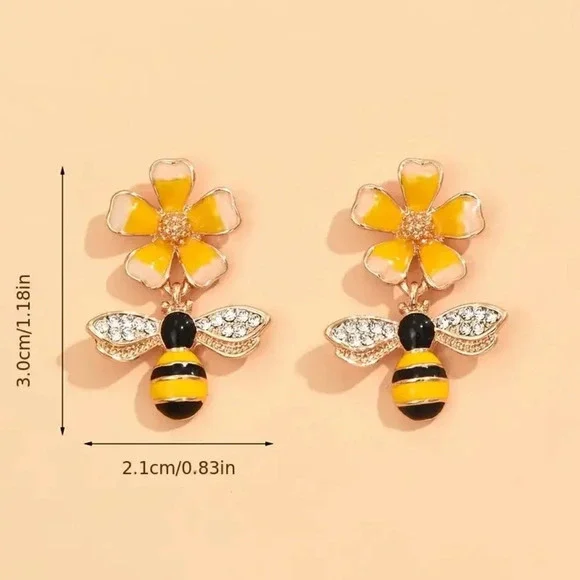 Cute Colorful Floral Bee themed Drip Glaze Bee Flower Fashion Dangle Earrings - Picture 2 of 3